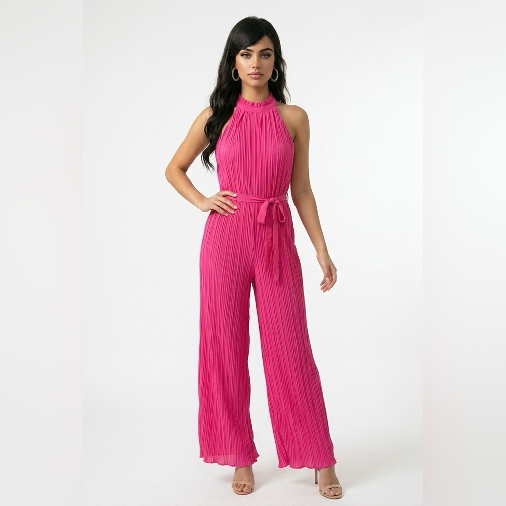 Halter Pleated Jumpsuit in Fuchsia Pink